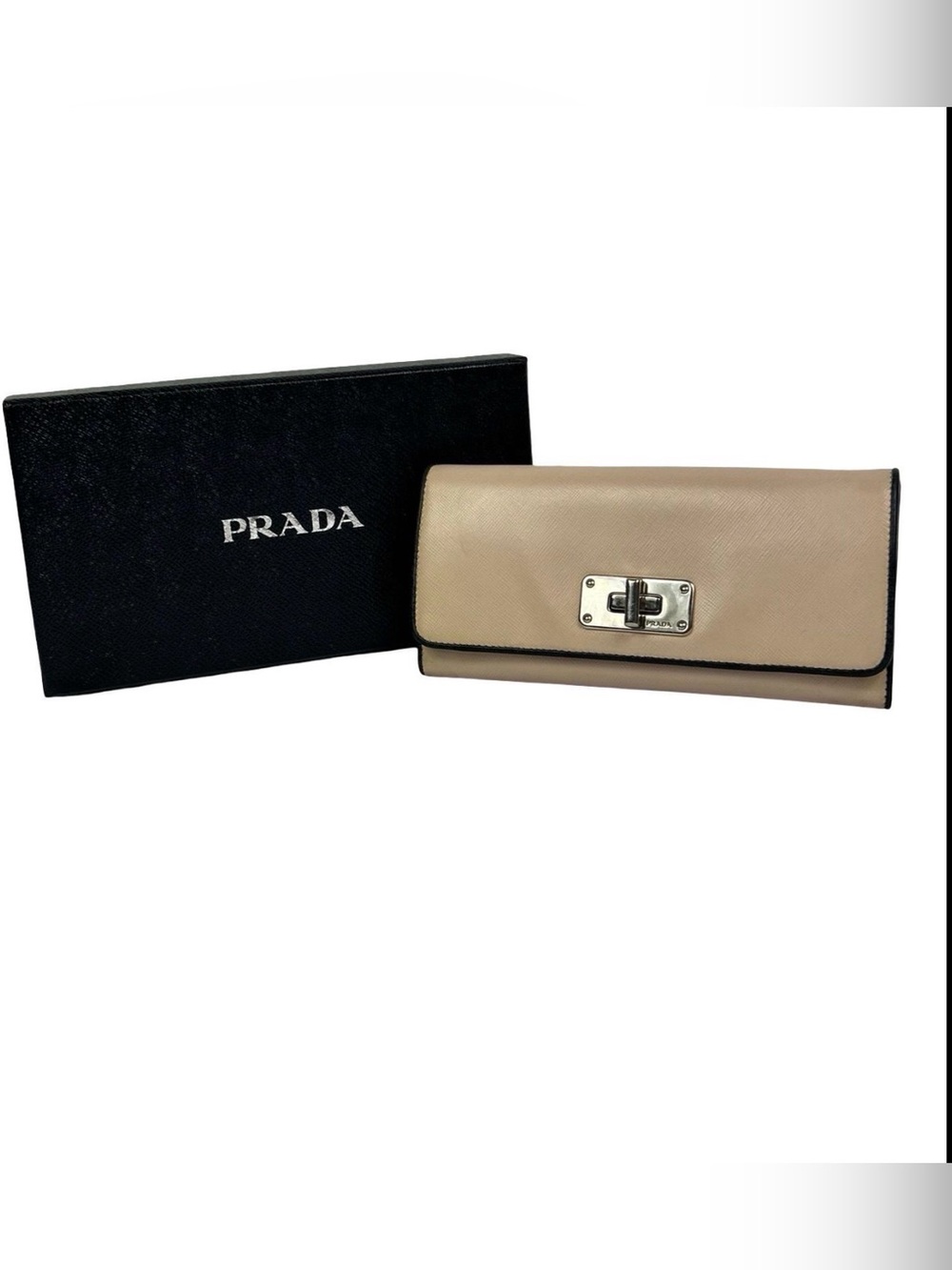 Prada Saffiano Leather Continental Long Wallet Beige Turn Lock + Box COA